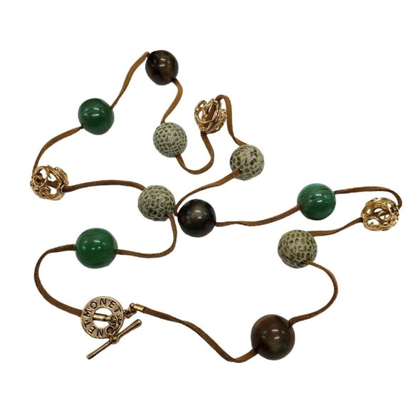 Vintage Signed Monet Set Necklace 38" Earrings 2" Green Bead Gold Tone Suede - Picture 6 of 12